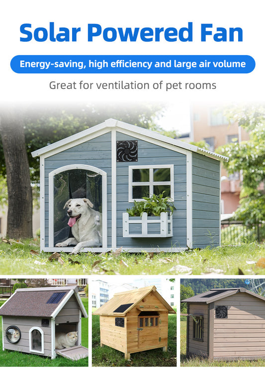 Solar power drive fan Pet cage exhaust fan Chicken cat dog solar power ventilation fan, one metre long male and female wires + send a 1.5 metre long wire total 2.5 metres wire, 5v voltage, with 4 double-sided adhesive stickers + a screwdriver