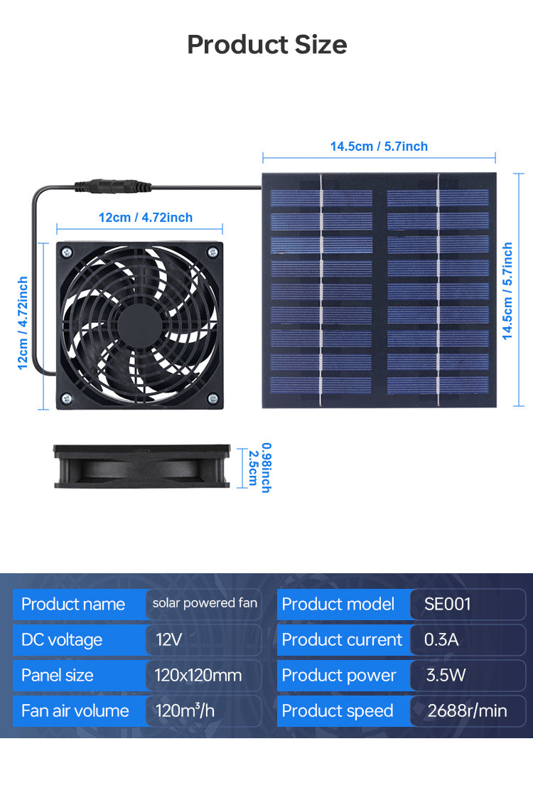 Solar power drive fan Pet cage exhaust fan Chicken cat dog solar power ventilation fan, one metre long male and female wires + send a 1.5 metre long wire total 2.5 metres wire, 5v voltage, with 4 double-sided adhesive stickers + a screwdriver