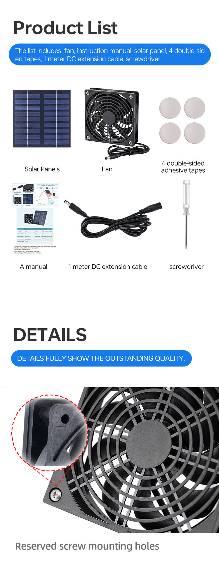 Solar power drive fan Pet cage exhaust fan Chicken cat dog solar power ventilation fan, one metre long male and female wires + send a 1.5 metre long wire total 2.5 metres wire, 5v voltage, with 4 double-sided adhesive stickers + a screwdriver