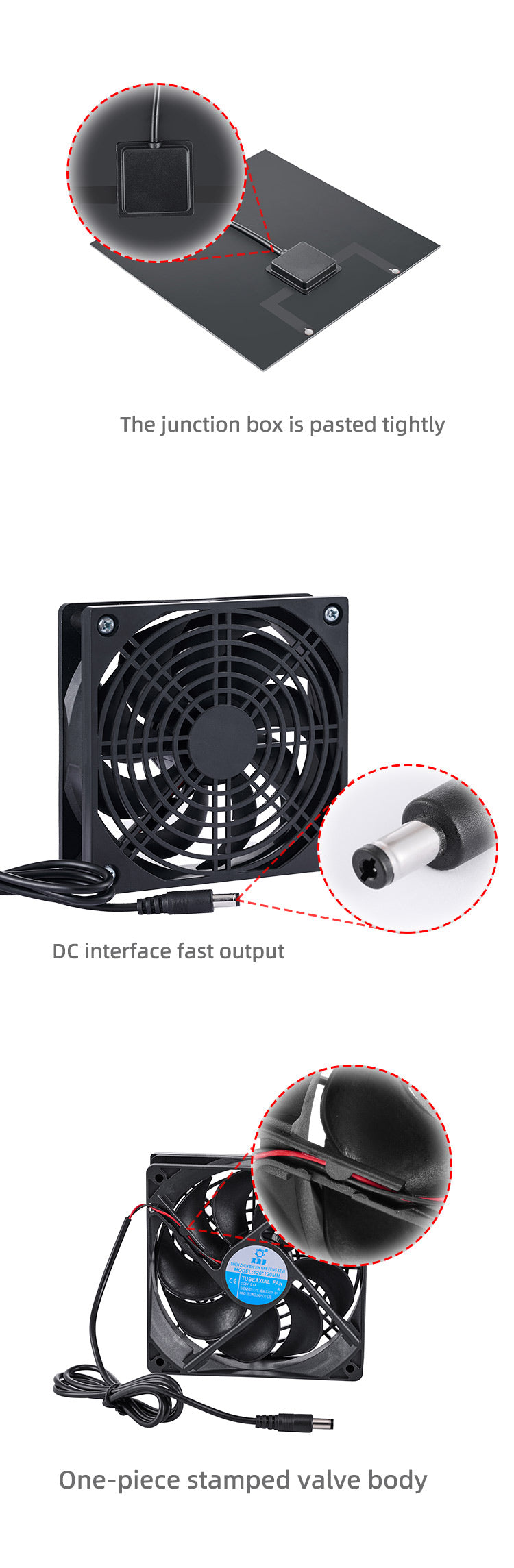 Solar power drive fan Pet cage exhaust fan Chicken cat dog solar power ventilation fan, one metre long male and female wires + send a 1.5 metre long wire total 2.5 metres wire, 5v voltage, with 4 double-sided adhesive stickers + a screwdriver