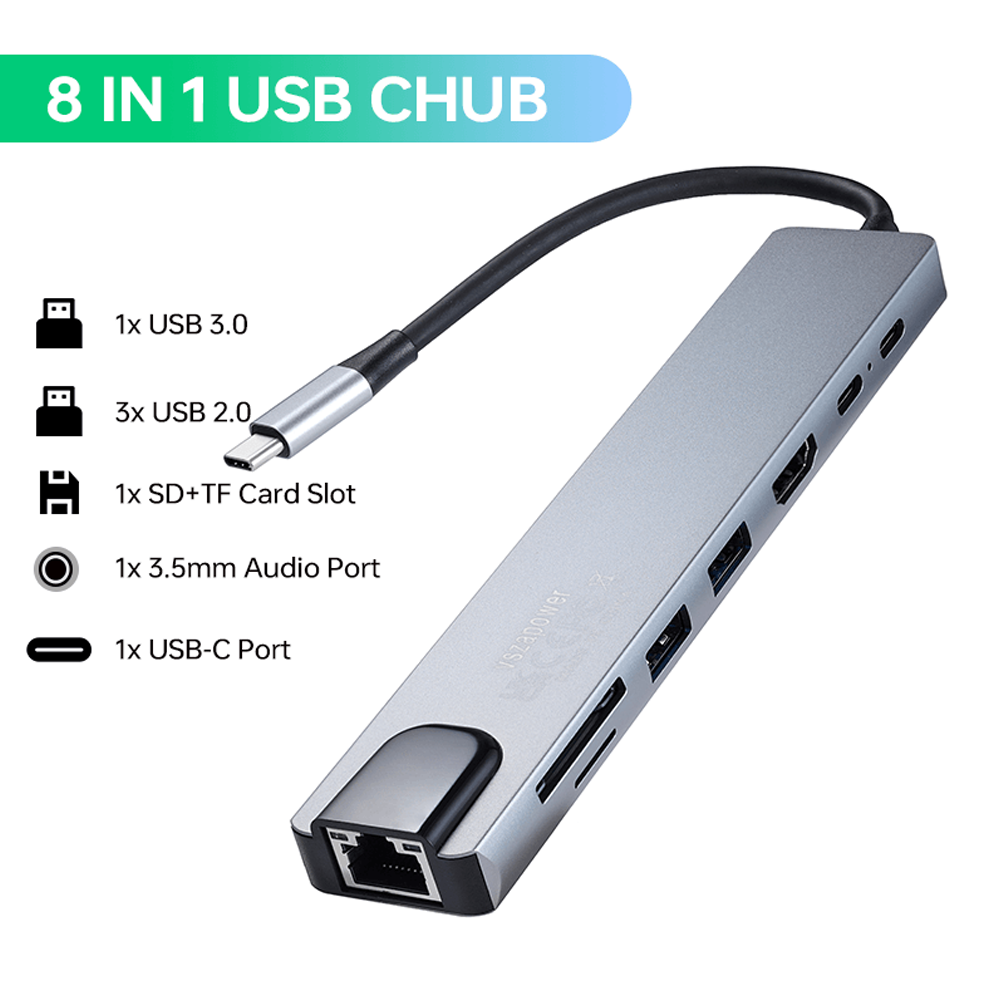 100M RJ45 SD/TF Card Reader Quick Charge, 8-in-1 with LAN + HDTV + Multi-Port Reader, C-Type to 4K HDTV Adapter for MacBook Laptops Windows Laptops