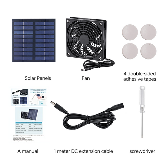 Solar power drive fan Pet cage exhaust fan Chicken cat dog solar power ventilation fan, one metre long male and female wires + send a 1.5 metre long wire total 2.5 metres wire, 5v voltage, with 4 double-sided adhesive stickers + a screwdriver