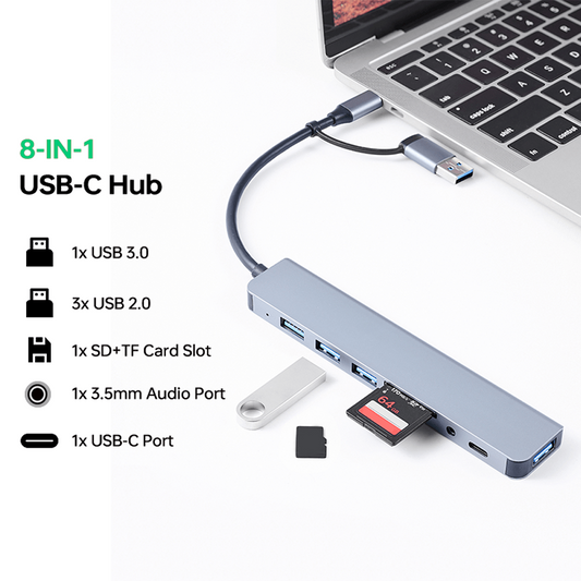 8-in-1 USB Extender 3.0 Hi-Speed USB C Hub USB Splitter for MacBook Pro/iPad Pro/HP Laptop/Galaxy Mobile Phone (1 to 8) with 4 USB Ports 1 USBC TF/SD Card Reader 3.5mm Audio Output