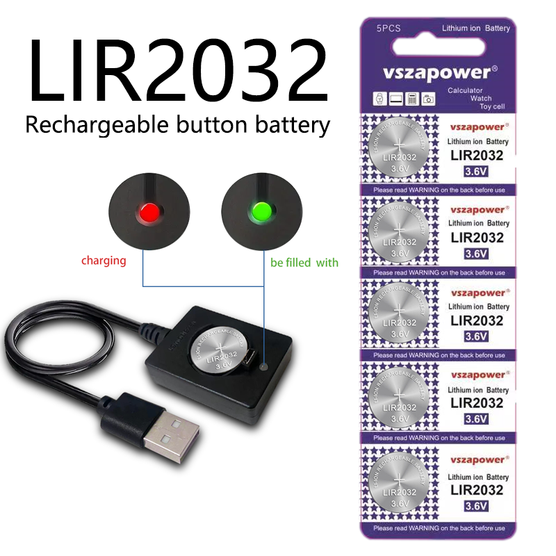 纽扣电池LIR2032充电器,替代CR2032,可以充放电500次,电量45ML