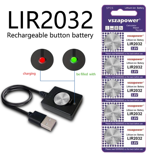纽扣电池LIR2032充电器,替代CR2032,可以充放电500次,电量45ML