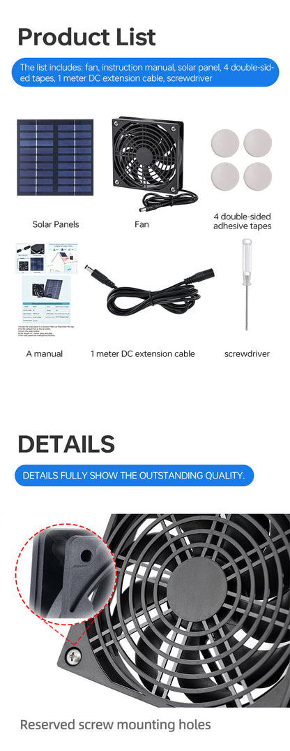 Solar power drive fan Pet cage exhaust fan Chicken cat dog solar power ventilation fan, one metre long male and female wires + send a 1.5 metre long wire total 2.5 metres wire, 5v voltage, with 4 double-sided adhesive stickers + a screwdriver
