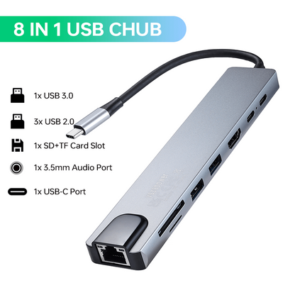 100M RJ45 SD/TF Card Reader Quick Charge, 8-in-1 with LAN + HDTV + Multi-Port Reader, C-Type to 4K HDTV Adapter for MacBook Laptops Windows Laptops