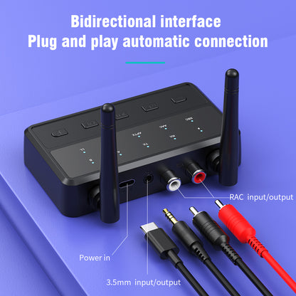 Dual antenna receiver, receiving and transmitting two-in-one, long-distance transmission, built-in multi-audio decoding, high-definition sound quality, seconds into wireless audio, AUX connected to the car, navigation playback/listening to music