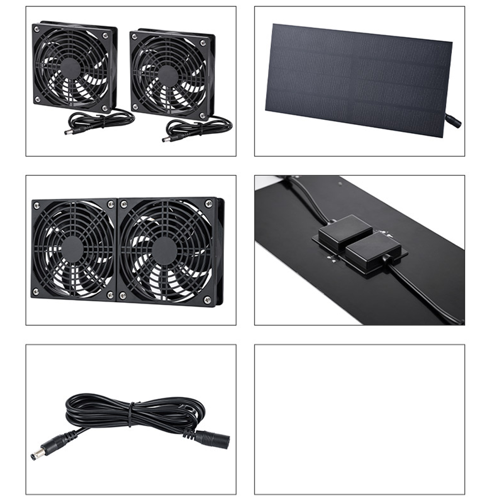 2 high speed fans, 2 x 1m DC extension cables, one long solar panel, suitable for exhaust, modification, fans can be multi-purpose